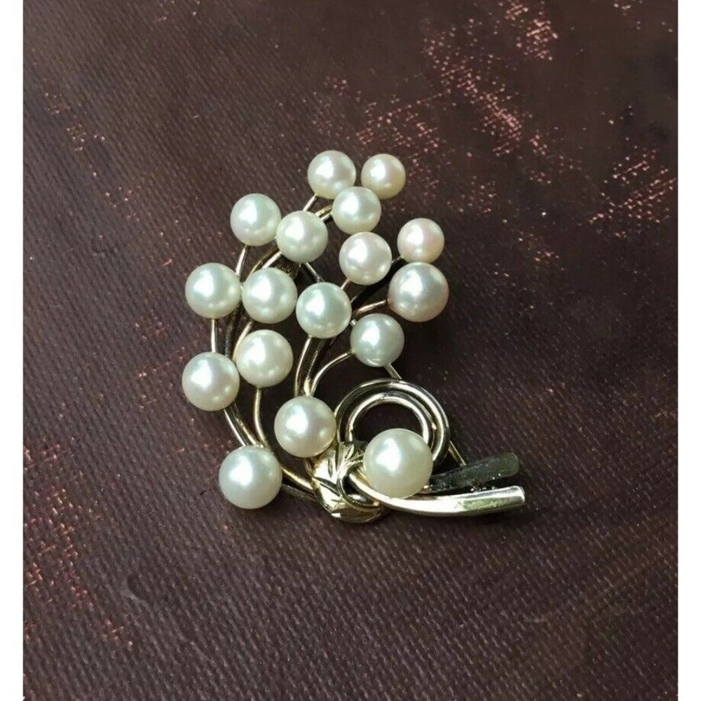 Vintage 1970’s Silver Japanese 17 Cultured Pearl Pin Brooch Mid Century Modern
